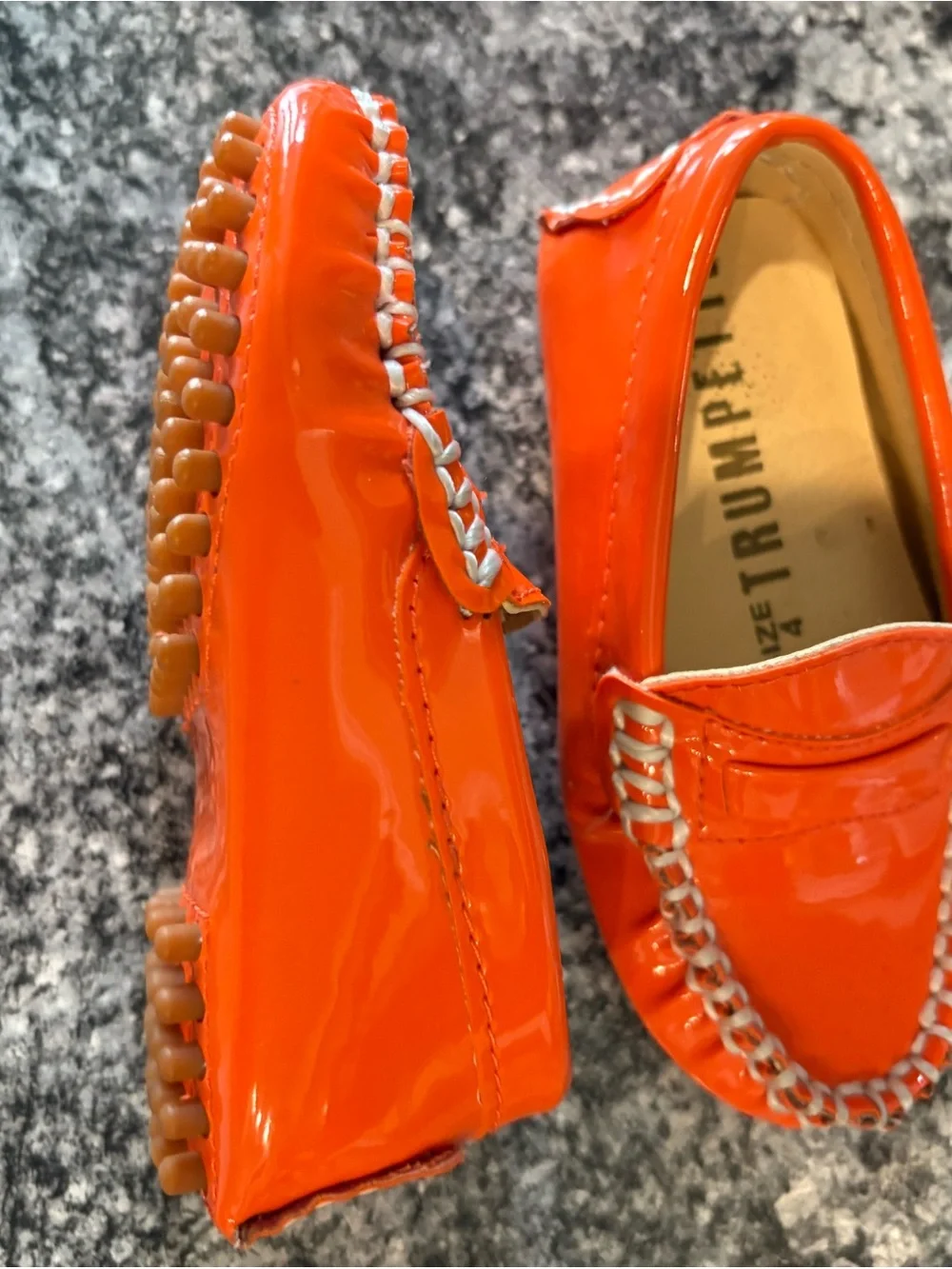 Trumpette Orange Patent Moccasins with White Braid Trim
